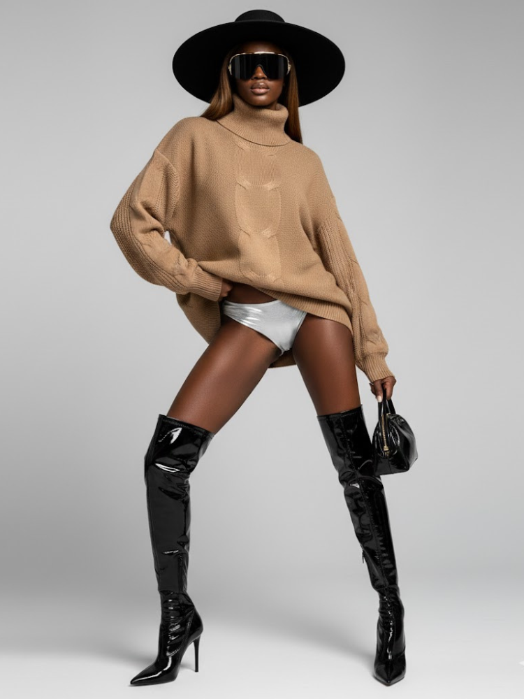 Women's Turtleneck Cable Knit Oversize Khaki Sweater – Luxury Winter Central Park New York Style