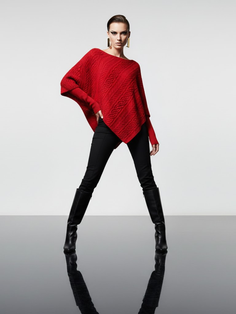 Women's Cable Knit Poncho Sweater Red – Asymmetrical Silhouette New York Style