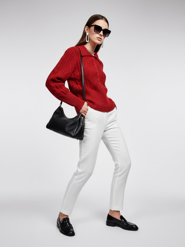 Women's Polo Neck Cable Knit Jumper Red – Luxury Preppy Uptown New York Style