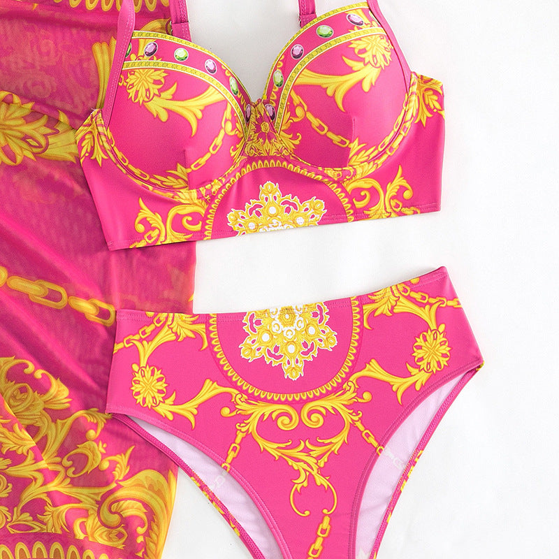Sexy Retro Print Three-Piece Bikini — Women's Summer 2026 Swimsuit