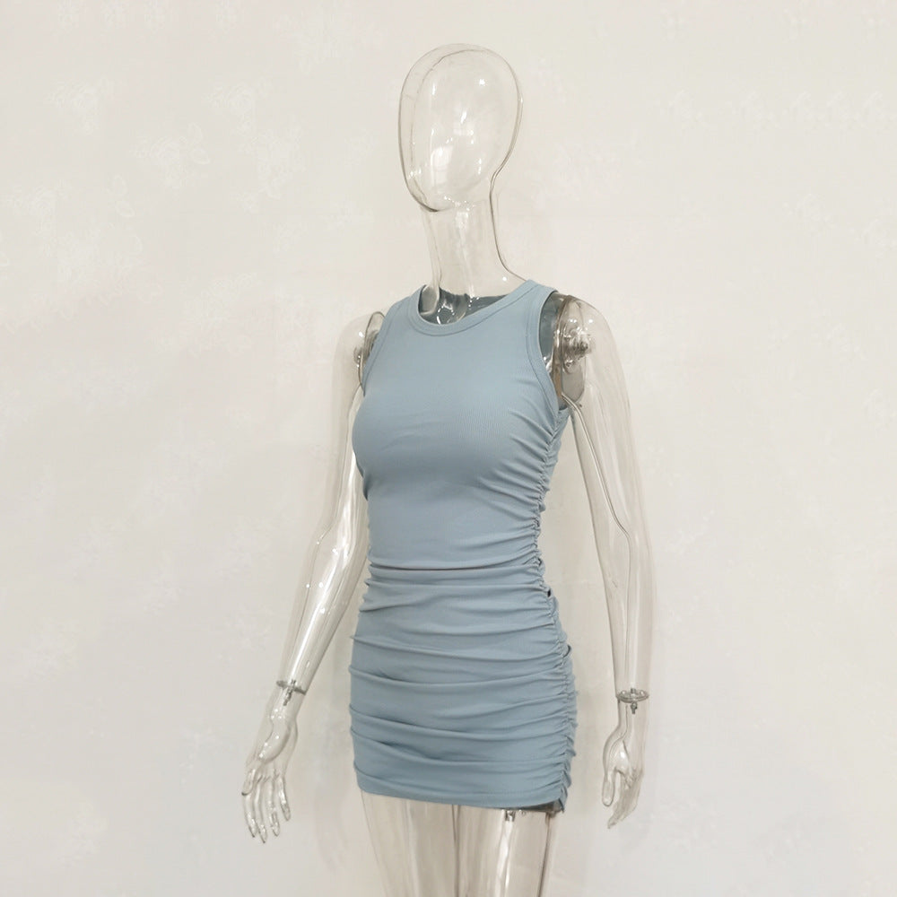 Women's Ribbed Cotton Pleated Dress - Casual Style