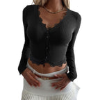 Top Manches Longues Dentelle Côtelé Femme - Style Fashion