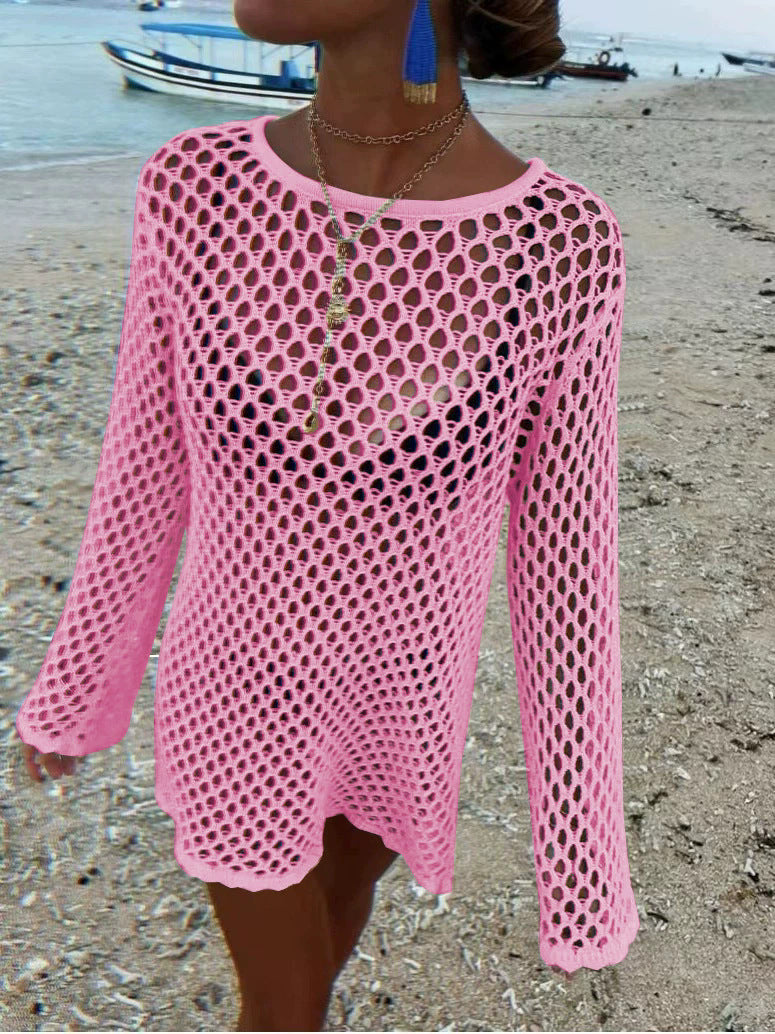 Long-Sleeve Knit Openwork Maxi Dress — Women's Beach Cover-Up Summer 2026