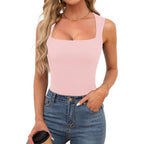 Top Camisole Col Carré Côtelé Femme - Bretelles Fines
