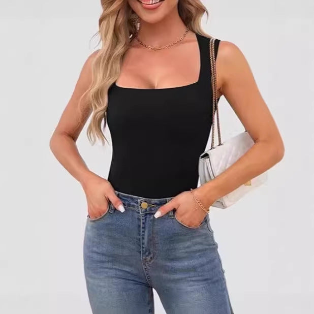 Top Camisola de Canalé con Cuello Cuadrado para Mujer - Tirantes Finos