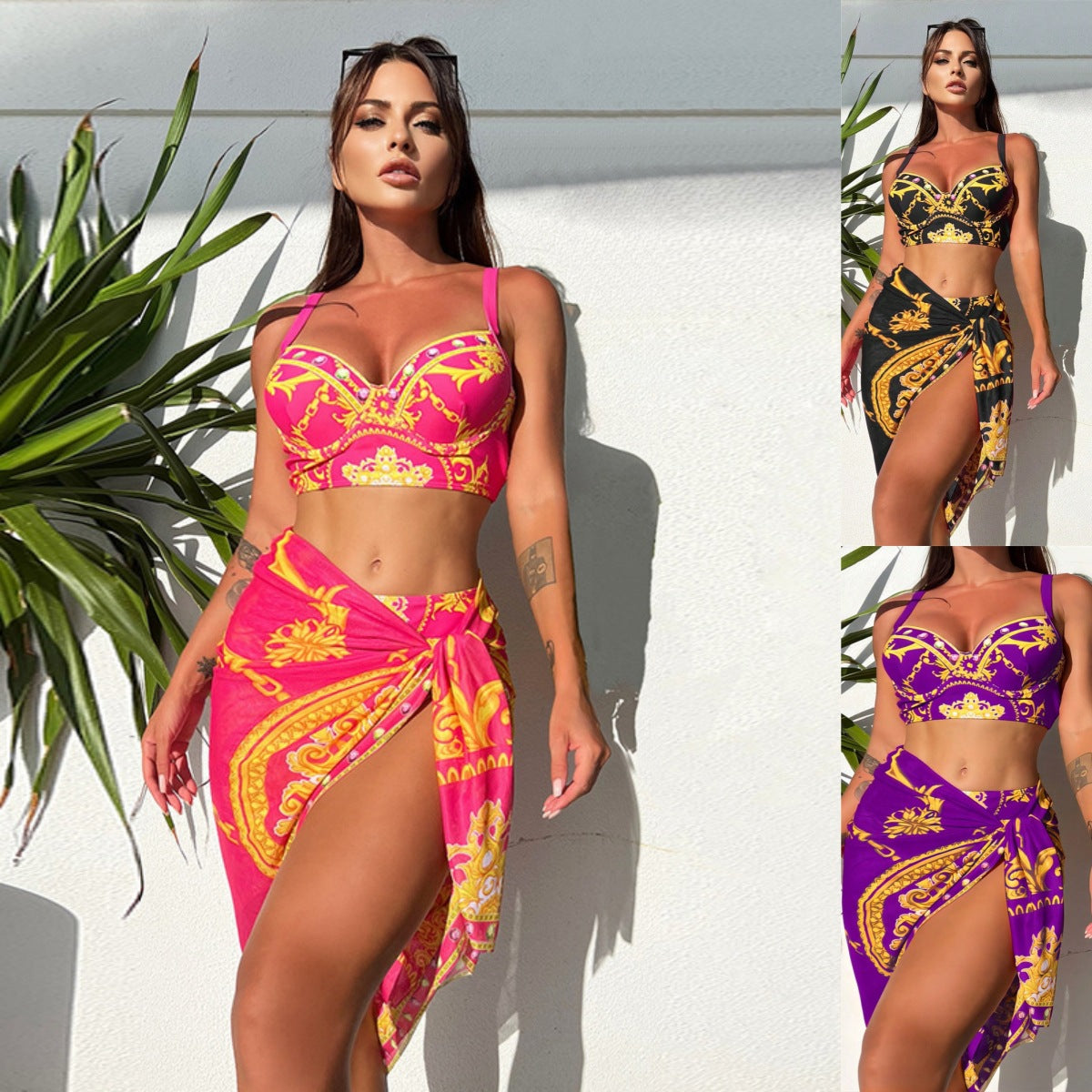 Sexy Retro Print Three-Piece Bikini — Women's Summer 2026 Swimsuit