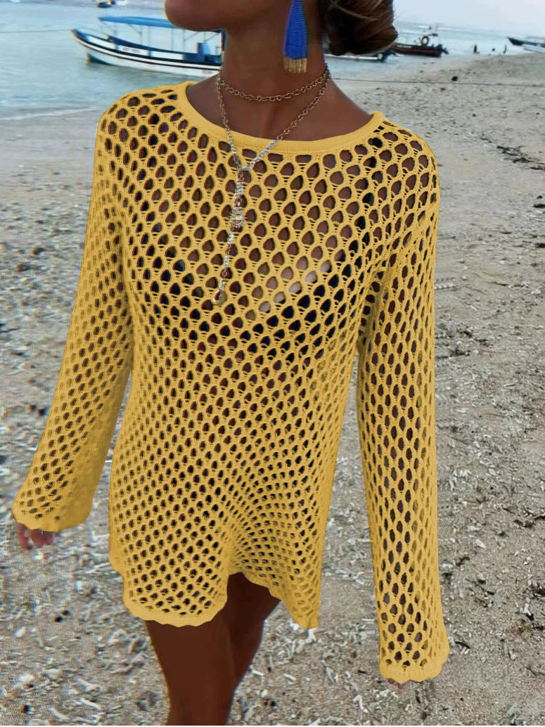 Long-Sleeve Knit Openwork Maxi Dress — Women's Beach Cover-Up Summer 2026