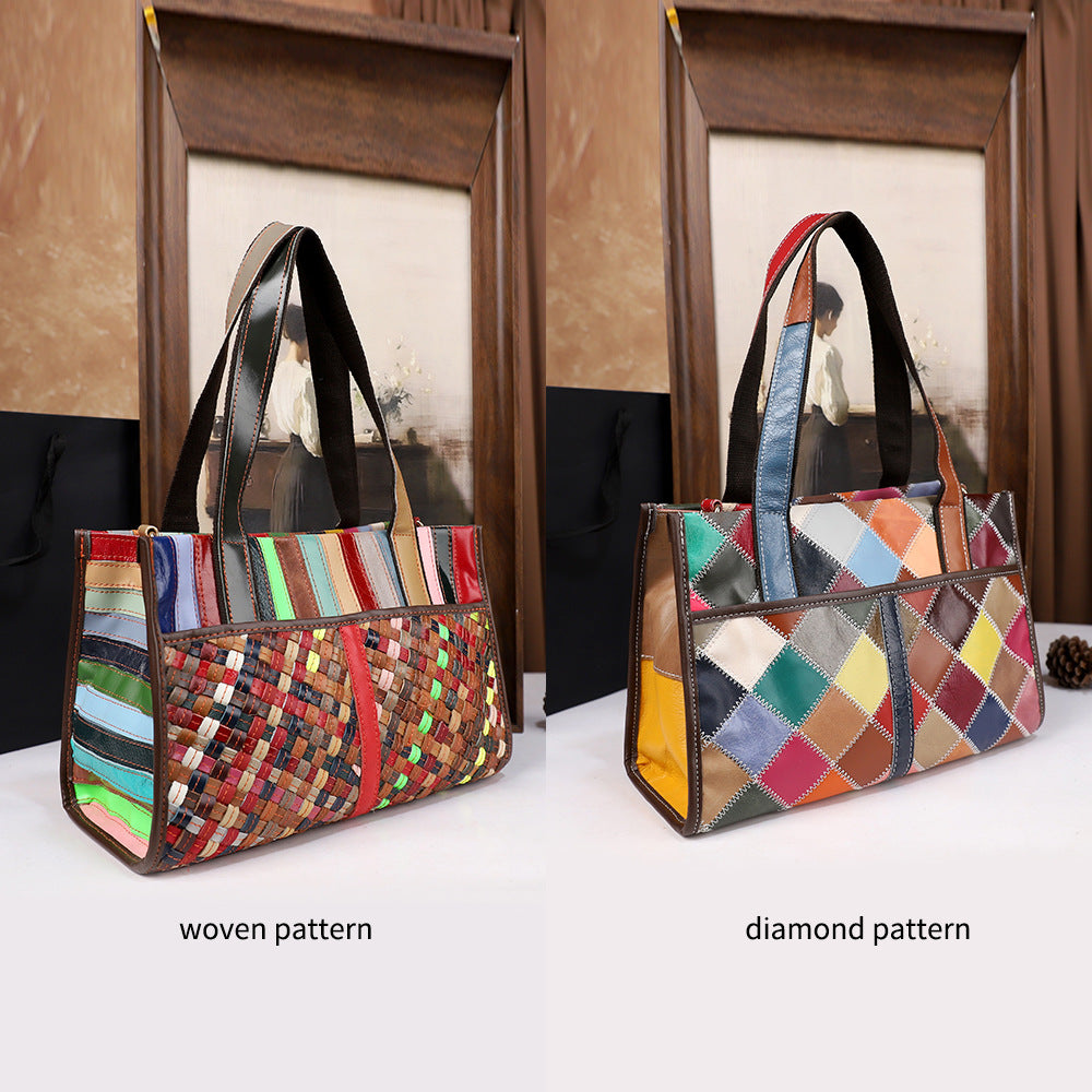 Sac Vintage Femme Cuir Patchwork Tressé Bicolore — Artisanal Luxury FuturaTrend