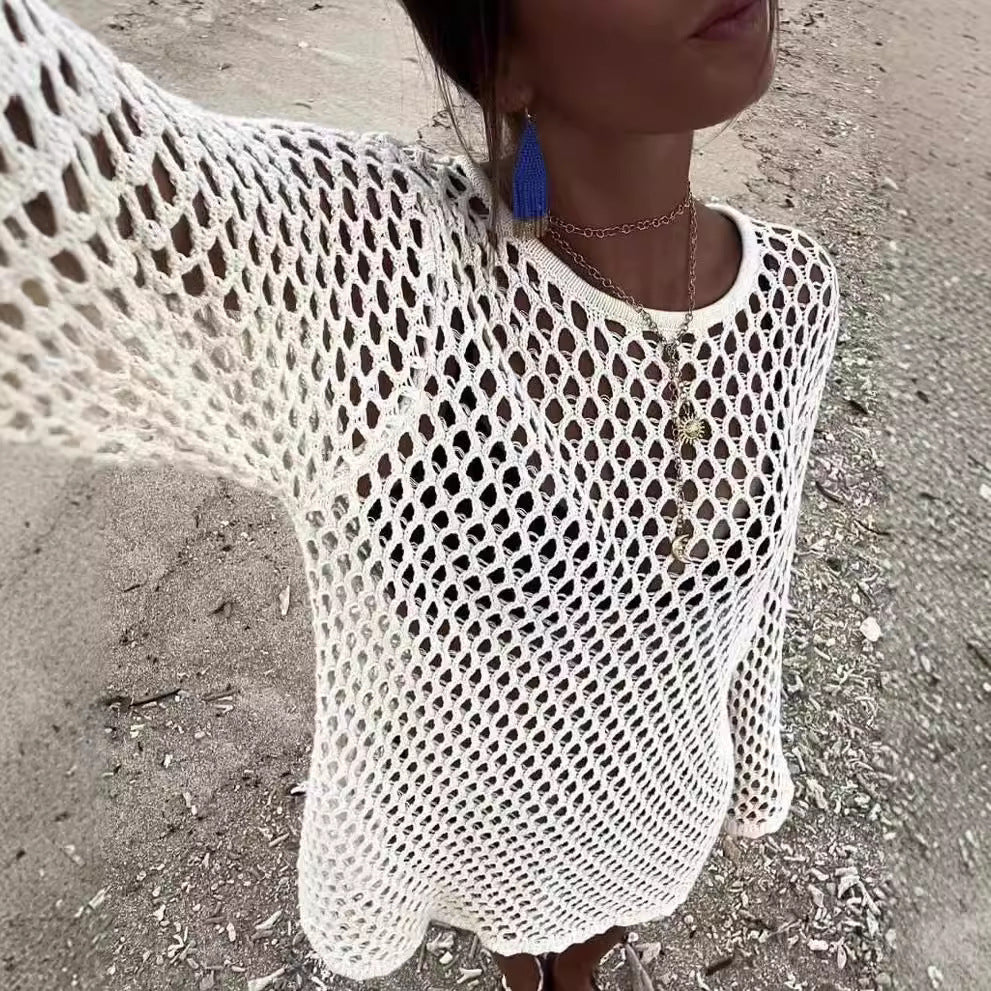 Long-Sleeve Knit Openwork Maxi Dress — Women's Beach Cover-Up Summer 2026
