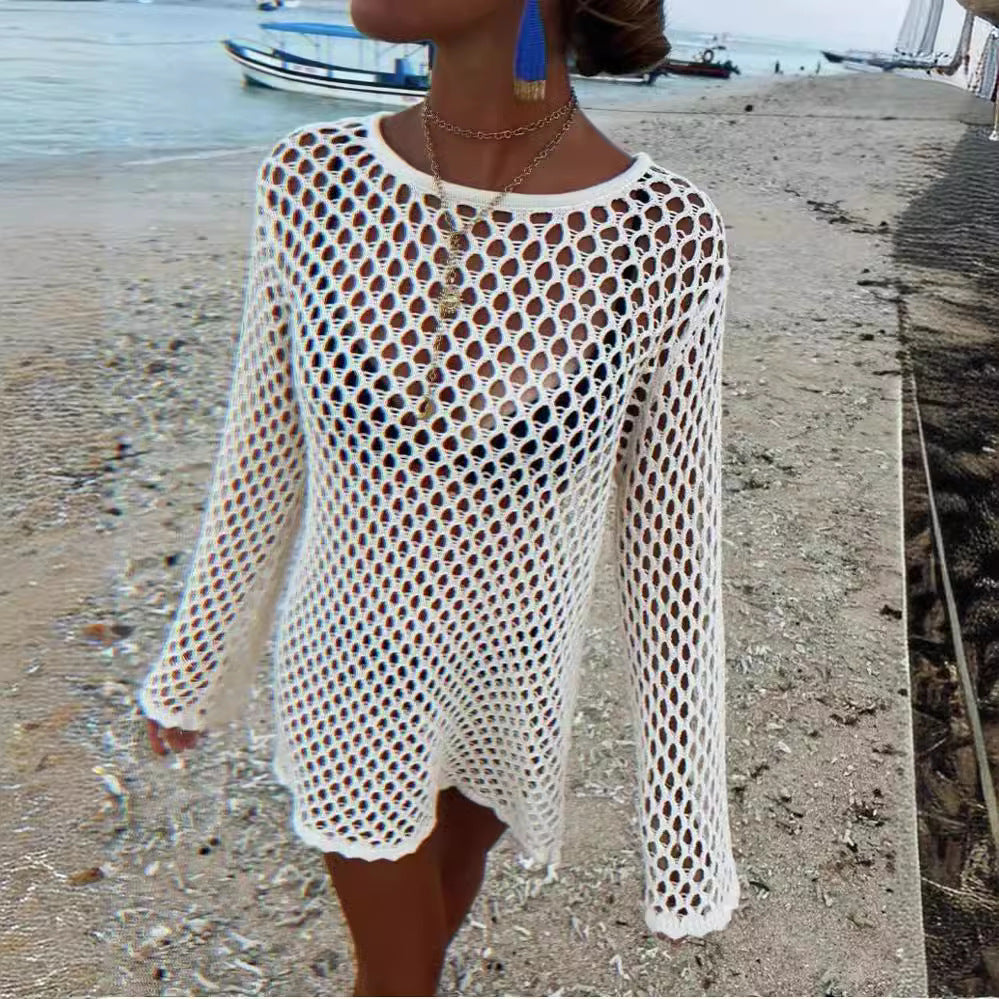 Long-Sleeve Knit Openwork Maxi Dress — Women's Beach Cover-Up Summer 2026