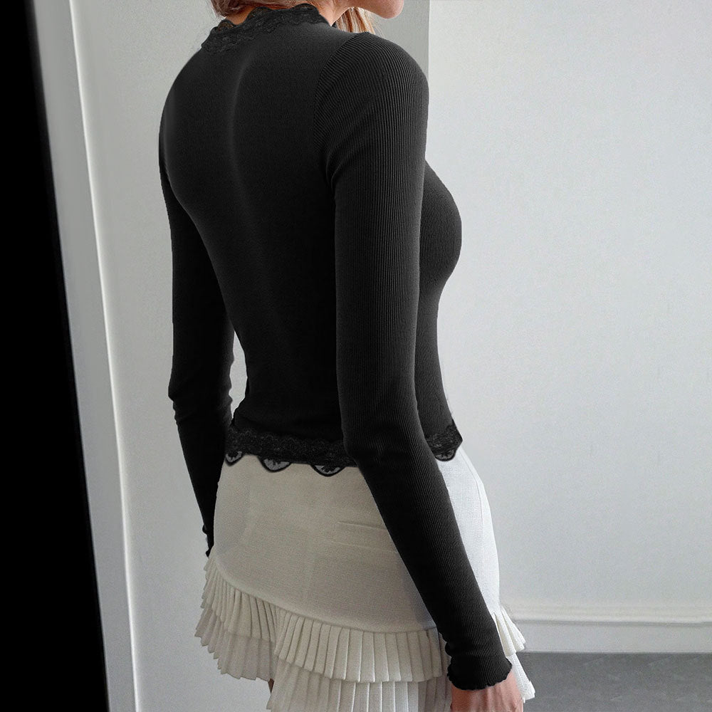 Top de Canalé de Encaje de Manga Larga para Mujer - Estilo de Moda