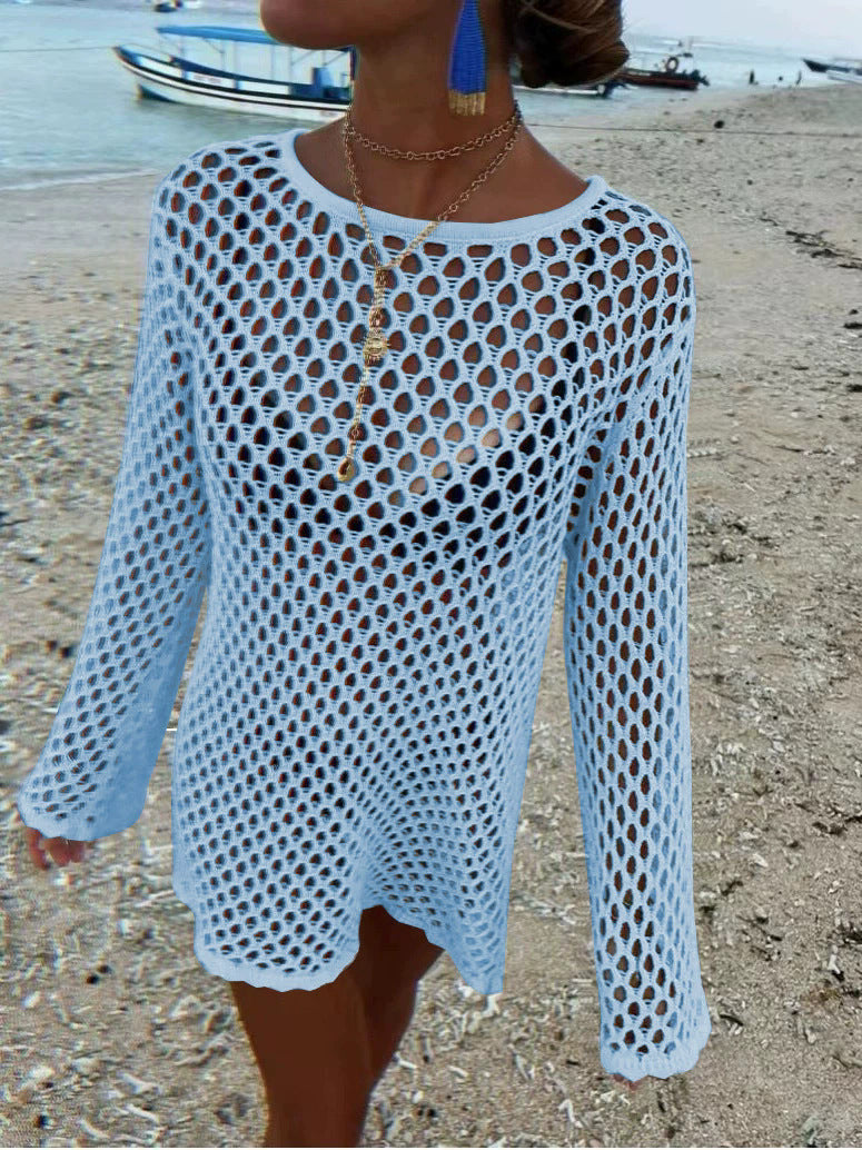 Long-Sleeve Knit Openwork Maxi Dress — Women's Beach Cover-Up Summer 2026