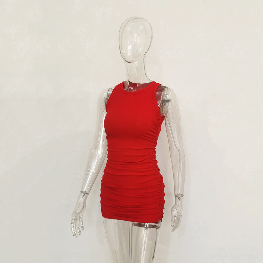 Women's Ribbed Cotton Pleated Dress - Casual Style