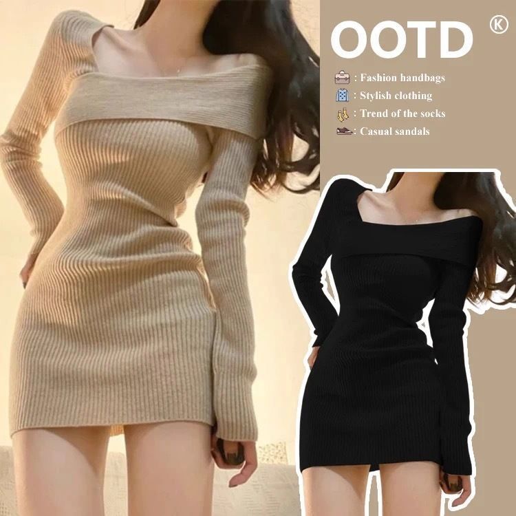Women's Asymmetrical Shoulder Ribbed Dress - Original Style