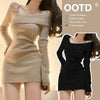 Women's Asymmetrical Shoulder Ribbed Dress - Original Style