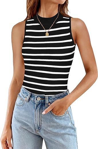Top de cuello alto sin mangas con rayas para mujer - Corte ajustado