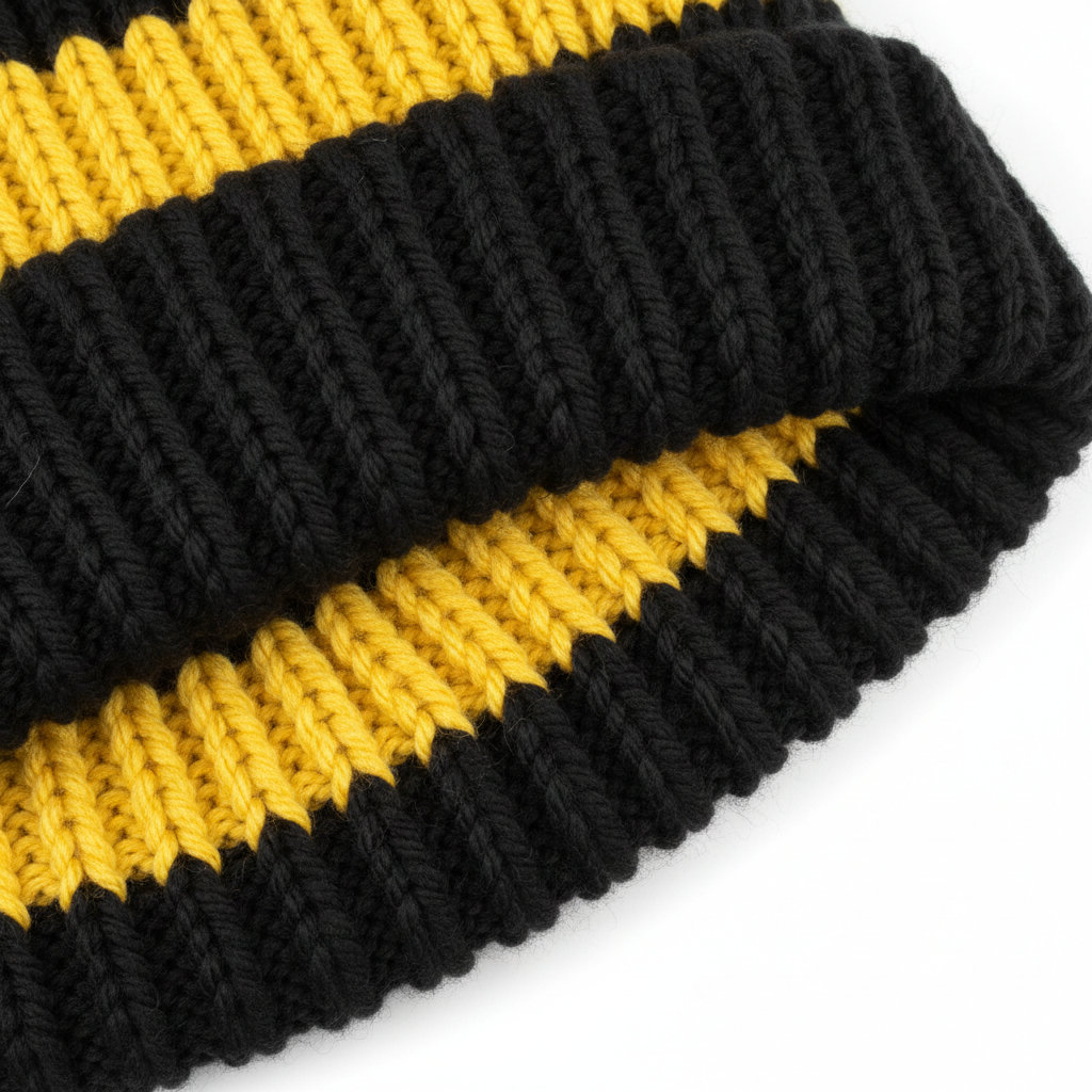 Gros plan texture coton tricoté noir et jaune du bonnet-écharpe