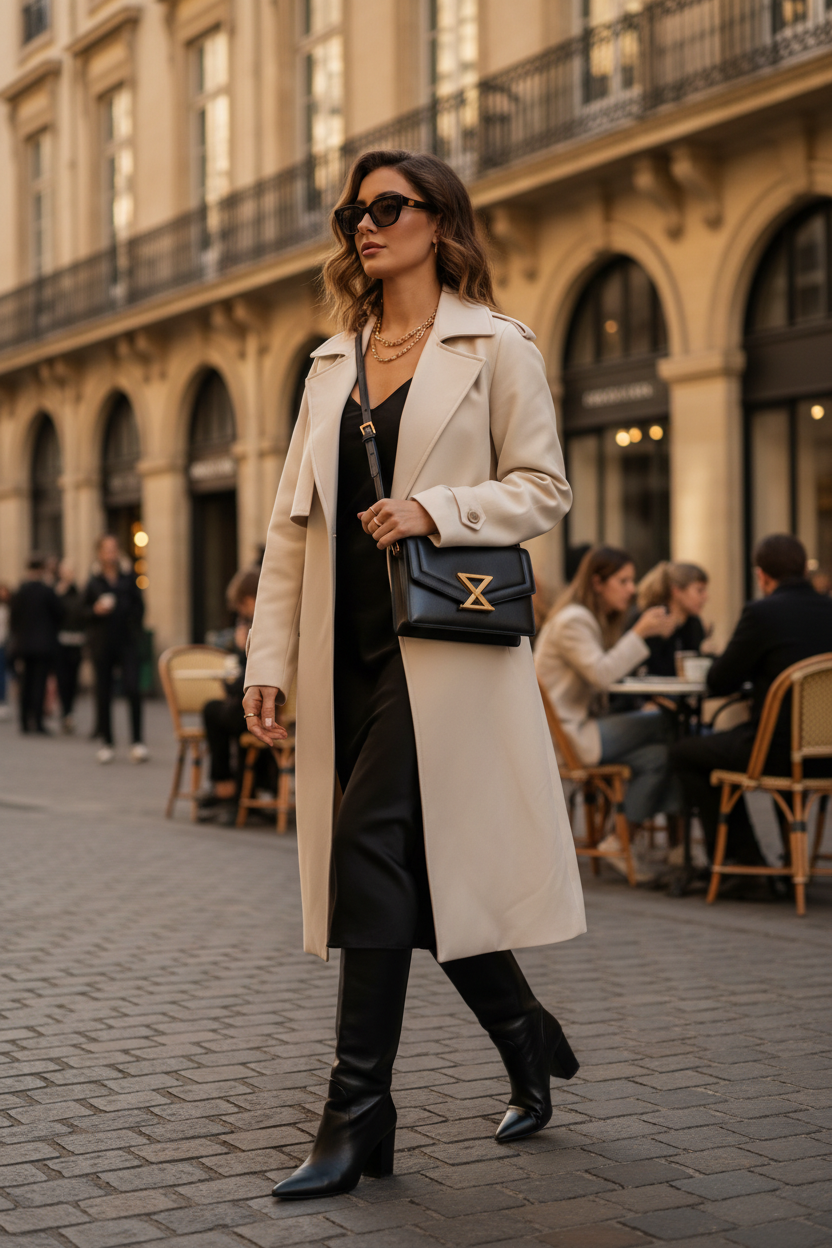 Femme élégante portant le sac crossbody cuir noir en ville