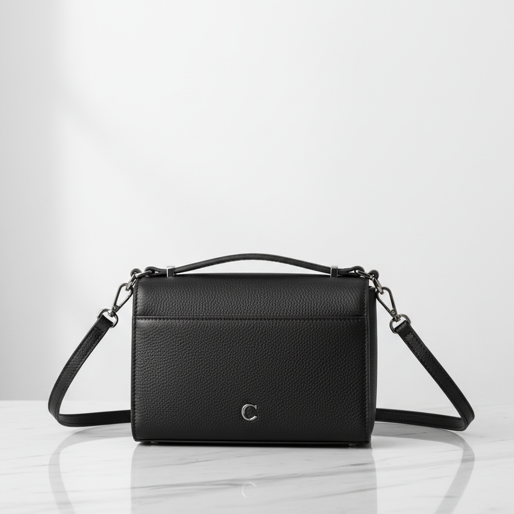 Sac à main crossbody cuir vachette noir sur marbre blanc