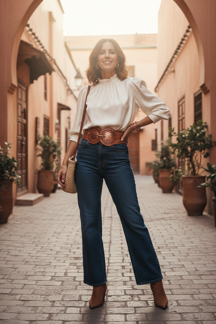 Femme portant la ceinture ORBIT avec jean et blouse chic