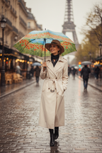 Femme élégante tenant le parapluie Monet sous la pluie à Paris
