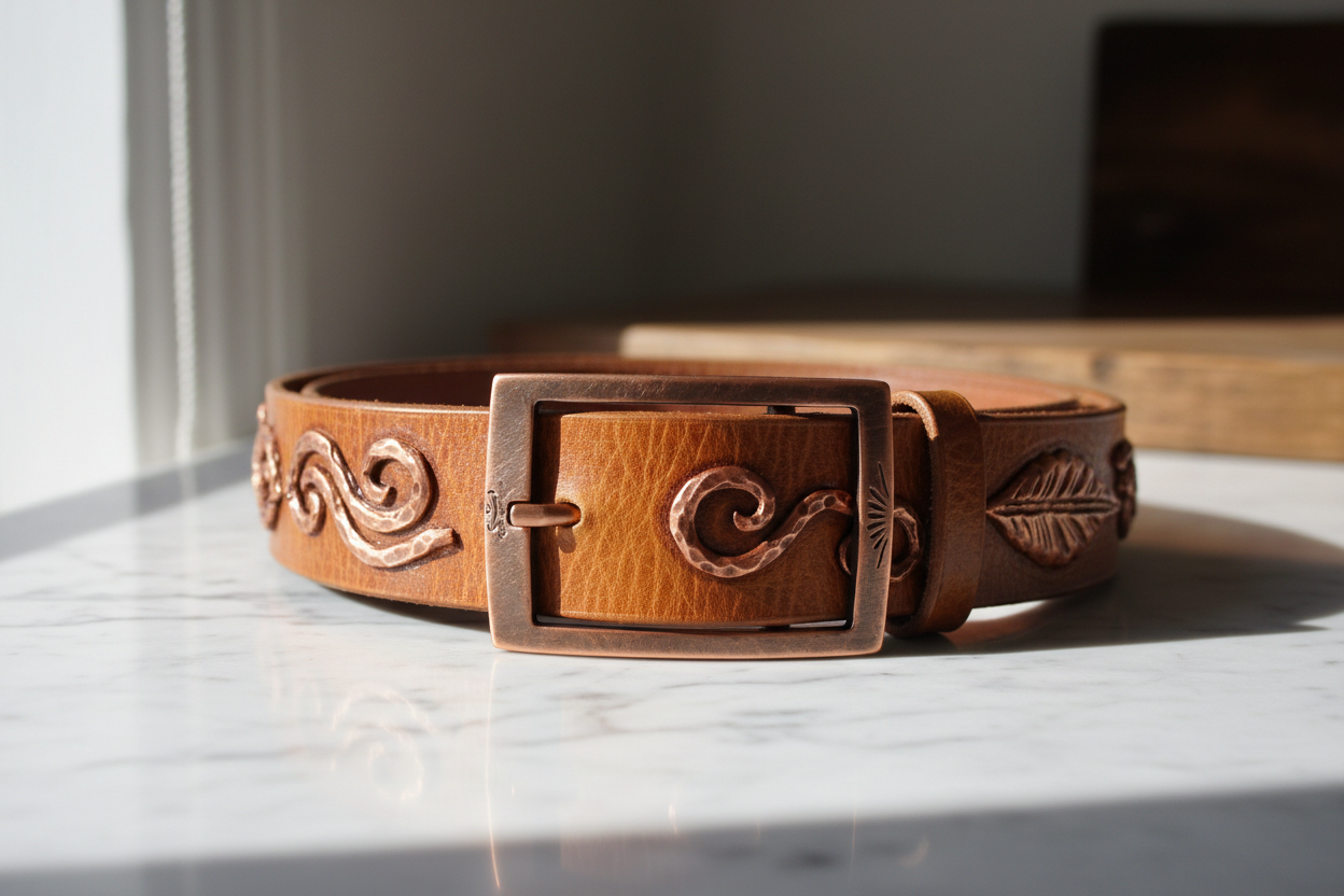 Ceinture cuir artisanale marocaine ORBIT avec ornements cuivre sur marbre