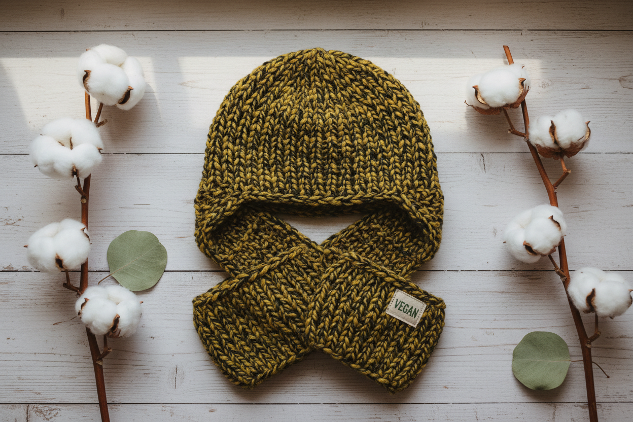 Flat lay bonnet-écharpe enfant vegan sur bois, ambiance artisanale