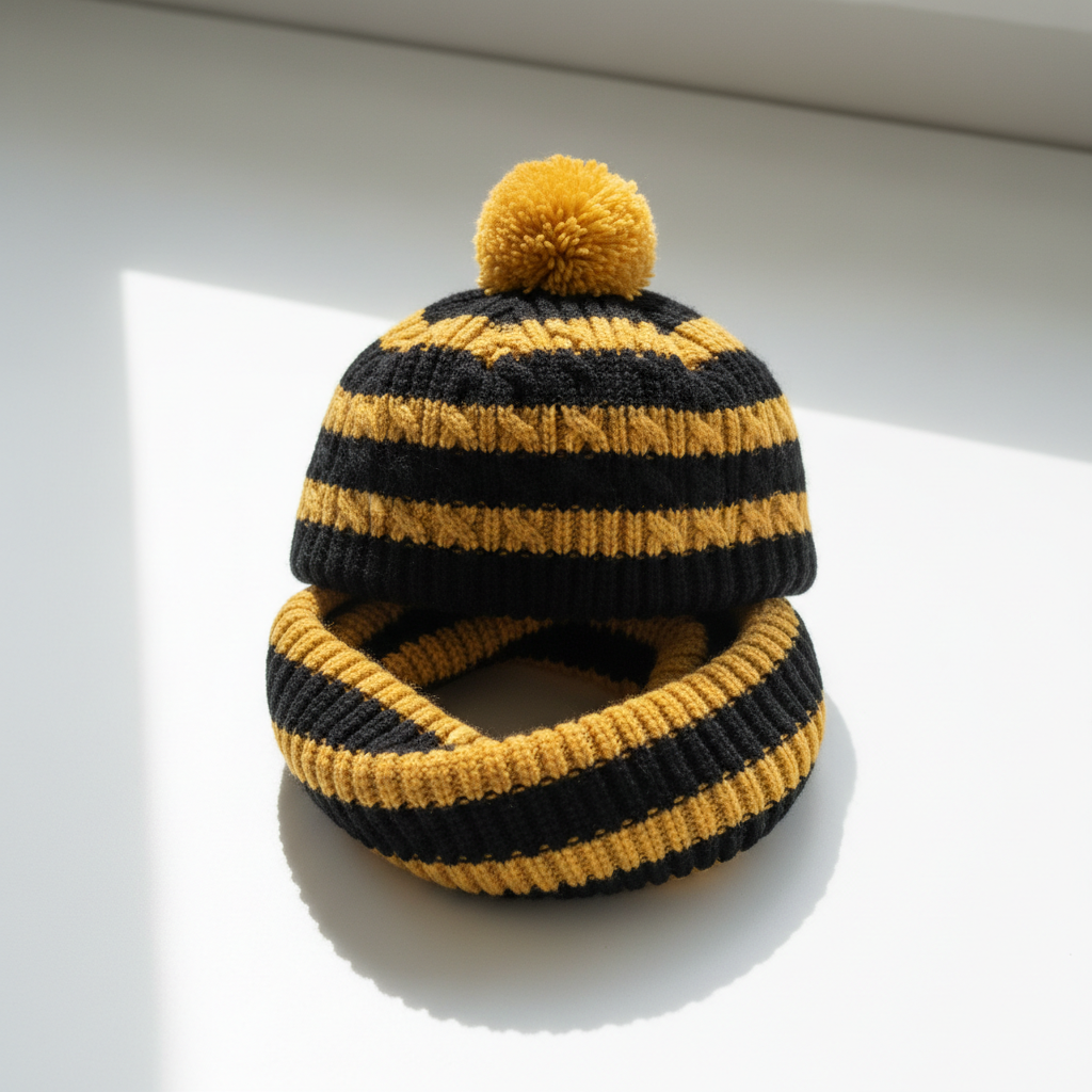 Bonnet-écharpe tricoté enfant noir et jaune sur fond blanc