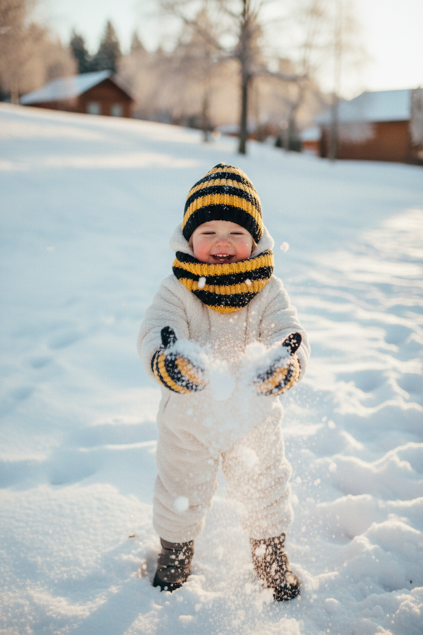 Enfant portant le bonnet-écharpe noir et jaune en extérieur en hiver