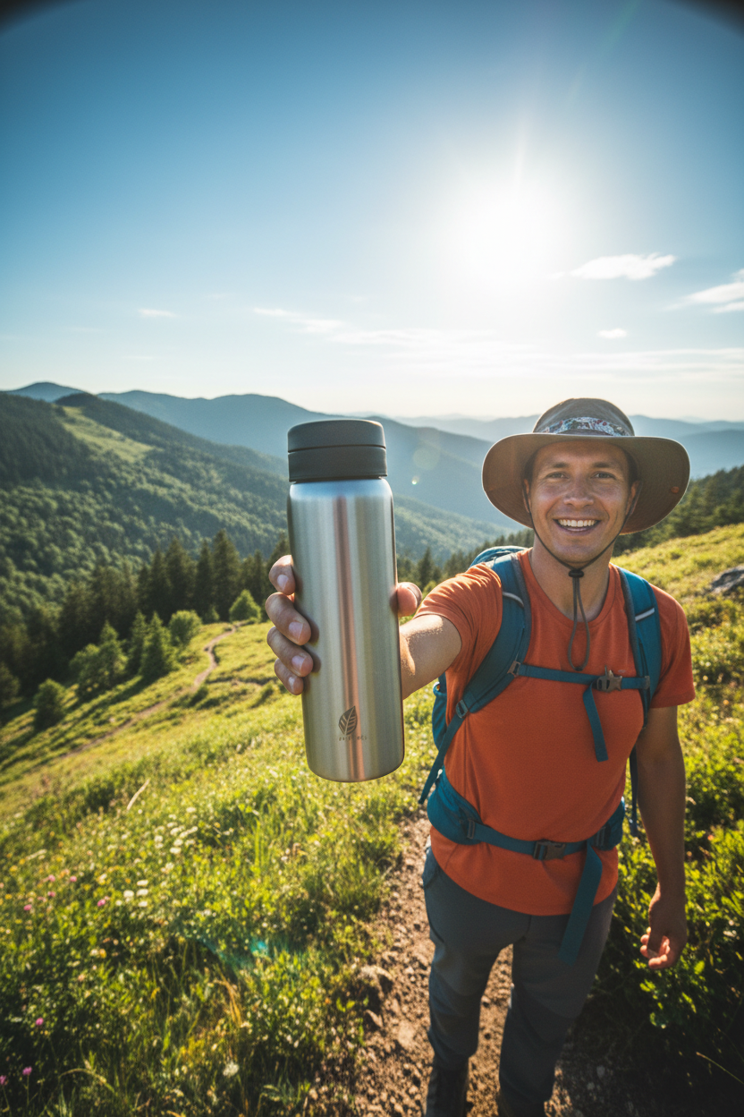 Personne tenant le thermos Gio Style Energy en randonnée