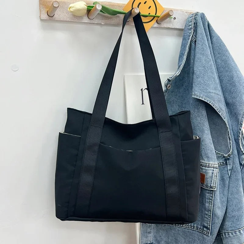 Bolso Tote Mujer Negro - Grande Formato Nylon Ligero para Viaje y Diario
