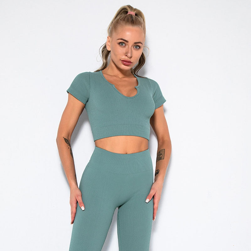 Top Crop Yoga Col V Profond Femme — Sans Coutures, Manches Courtes, Sportswear
