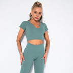 Top Crop Yoga Col V Profond Femme — Sans Coutures, Manches Courtes, Sportswear