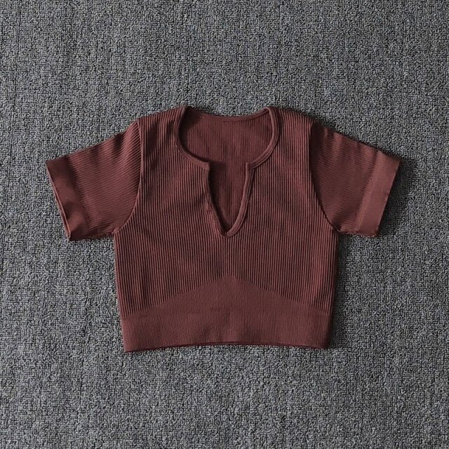 Top Crop Yoga Col V Profond Femme — Sans Coutures, Manches Courtes, Sportswear