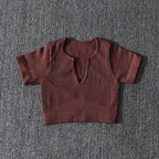Top Crop Yoga Col V Profond Femme — Sans Coutures, Manches Courtes, Sportswear
