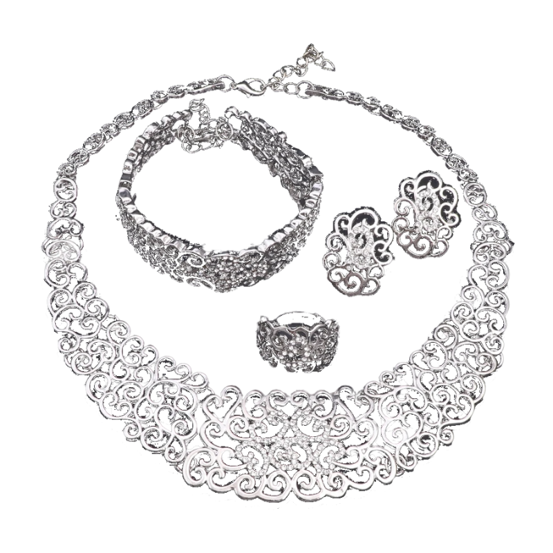 Women's Silver-Plated 4-Piece Jewelry Set — Necklace + Earrings + Ring + Bracelet with Crystals